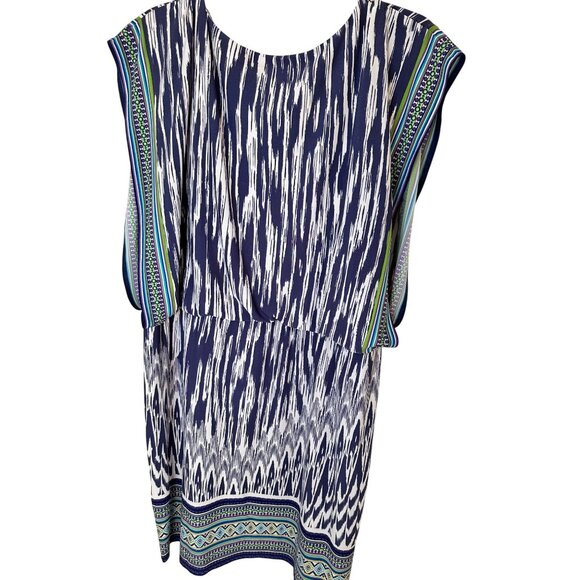 Chicos Size XL Navy & White Ikat Print Sleeveless Tunic Dress W/ Side Drape - Picture 2 of 7